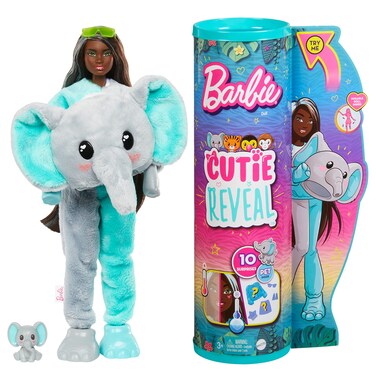 Barbie Cutie Reveal Fashion Doll, Jungle Series Elephant Plush Costume, 10 Surprises Including Mini Pet &amp; Color Change