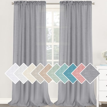 H.VERSAILTEX Natural Linen Sheer Curtains 95 Inches Length 2 Panels Textured Woven Linen Blended Curtain Drapes for Living Room/Bedroom Light Filtering Rod Pocket Draperies - Grey