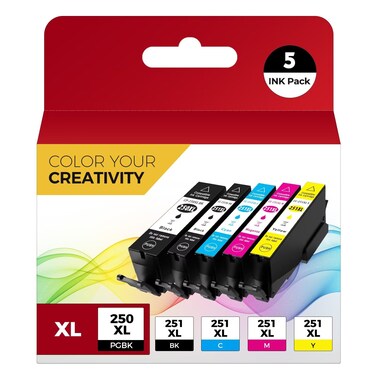 PGI-250XL CLI-251XL 5 Color Value Pack, Compatible for Canon 250 251 Ink Cartridges to use with PIXMA MX922, MG5420, MG5520, MG5522, MG6320, MG6620, iP7220 (PGBK, Black, Cyan, Magenta, Yellow)