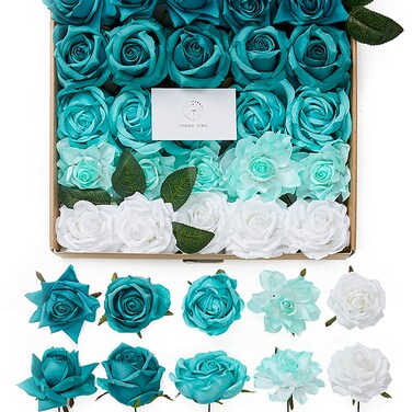 TINGE TIME Artificial Flowers, 25pcs Real Looking Teal Green Rose Fake Roses w/Stem for DIY Wedding Bouquets Centerpieces Arrangements Party Baby Shower Home Decorations