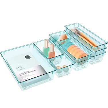 10 PCS Drawer Organizer Set, 4 Varied Size Bathroom and kitchen Drawer cabinet organizer Trays, Clear Storage Bins for Makeup, Jewelry, Utensils and Gadgets