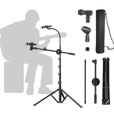 Microphone Tripod Stand, KDD Gooseneck Mic Boom Arm Stand Height Adjustable 30" - 80" with Two Mic Clips, Two Mic Arms and 3/8" to 5/8" Adapter for Singing, Stage, Blue Yeti Snowball, Most Mics