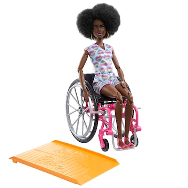 Barbie Fashionistas Doll #194 with Natural Black Hair, Plus Wheelchair &amp; Ramp, Wearing Rainbow Heart Romper &amp; Accessories Including Shoes &amp; Hoop Earrings