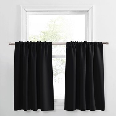 PONY DANCE Black Out Curtain Short - Window Treatment Rod Pocket Home Decor Small Panels Valances for Nursery/Bay Windows Bathroom, 42"W X 30"L, Black, 2 Pieces