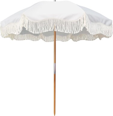 AMMSUN Beach Umbrella with Fringe, 6.5ft Boho Umbrella with Premium Wood Pole &amp; Carry Bag, UPF 50+ Fringe Umbrella for Outdoor Holiday, Elegant White