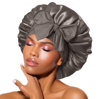 BONNET QUEEN Satin Bonnet Silk Bonnet for Sleeping Women Hair Bonnet Night Sleep Cap Scarf wrap for Curly Hair with tie Band Gray-Brown