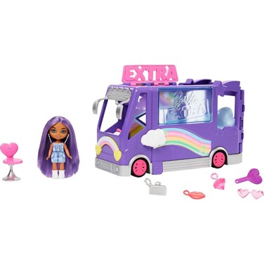 Barbie Extra Mini Minis Doll &amp; Toy Vehicle Playset, Expandable Tour Bus with 3.25-inch Small Doll, Clothes &amp; Accessories