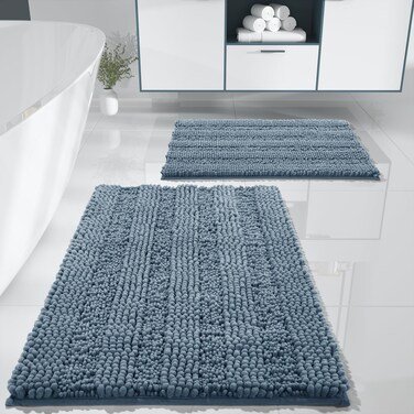 Yimobra Washable Bathroom Rugs Sets 2 Piece, Non Slip Quick Dry Absorbent Bath Mat Set, Chenille Luxury Shower Rugs for Bathroom Floor Sink Tub and Shower Outside(Denim Blue, 20" x 32"+17" x 24")