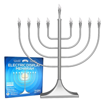 Extra Large Display Electric Menorah Satin Silver 23" Tall - with Flame Shaped Bulbs Traditional U-Shape USB Electronic Hanukkah Minorah with 10 Screw in LED Bulbs Chanukah Decorations By Zion Judaica