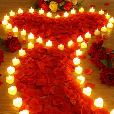 Coume 6000 Pieces Artificial Rose Petal with 72 Pieces LED Tea Lights Candle Romantic Rose Petal Heart Candle for Romantic Night Proposal Wedding Anniversary Decor(Red Light)