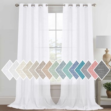 H.VERSAILTEX Linen Sheer Curtains 95 Inches Long Grommet Top Natural Linen Blended Sheer Curtains for Living Room Window Treatments Linen Semi Curtain Panels for Bedroom, 2 Panels, Pure White
