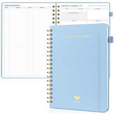 Meeting Notebook for Work with Action Items, Soomeet 7&rdquo;x10&rdquo; Hardcover Spiral Meeting Planner, Notebooks for Men Women Meeting Organizer, Light Blue