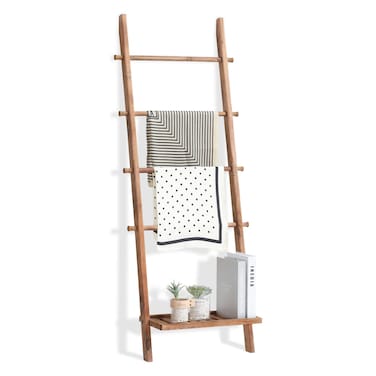 FUIN 5ft Wood Blanket Ladder with Bottom Shelf for Living Room Decorative Wall Leaning Farmhouse Quilt Display Holder Storage Rustic Wooden Towel Rack for Bathroom, Light Brown