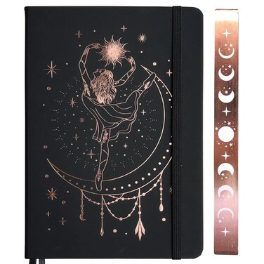 BUKE Medium A5 Hardcover Notebook Dotted Journal - 180Gsm Thick Bamboo Paper - 160 Dot Grid Pages 5x5 MM - Black Color Faux PU Leather Cover - Rose Gold Edge And Moons (A5, Black)