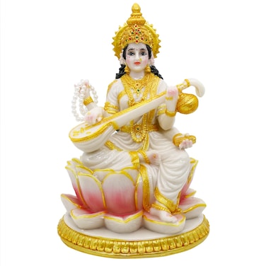 Big Hindu Goddess Saraswati Statue - 8.7&rdquo;H Marble Look Indian Idol Saraswati Figurine India Diwali Murti Pooja Sculpture Home Office Temple Mandir Puja Item Altar Shrine Spiritual Decor