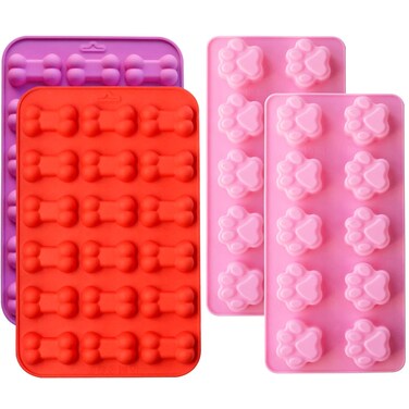 Paw Print Mold Puppy Dog Paw and Bone Silicone Molds 4pcs Dog Treat Molds Silicone Baking Mold for Puppy Treats Ice Cream Cubes Tray Biscuits Chocolate Candy Jelly Dog Snack Muffin Pan