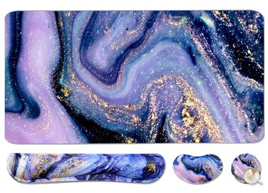4-in-1 Large Gaming Mouse Pad, Keyboard Wrist Rest Pad &amp; Wrist Support Mousepad Set, Extended Desk Pad Waterproof Desk Mat for Home Office Study Game - Purple Marble