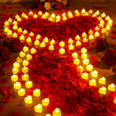 Coume 6000 Pcs Artificial Rose Petals with 120 Pcs Romantic Heart LED Candle Flameless LED Tealight Candle for Romantic Night Anniversary Table Decoration(Warm White Light)