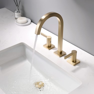 Brushed Gold Bathroom Faucet, 8 Inch Brass Widespread Bathroom Sink Faucet 3 Holes, Two Handles Bathroom Sink Faucet with Pop-Up Drain &amp; Supply Lines, 110104-BG
