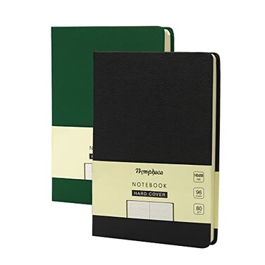 Nymphaea Journals for Writing, Hardcover College Ruled Notebook for School A5 PU Notebook Writing Diary, Elastic Closure, 80Gsm Thick Paper with Inner Pocket (Black+Green)