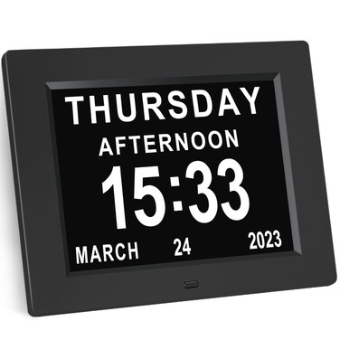 KASTISS 8 Inch Digital Calendar Alarm Day Clock, Large Digital Clock for Seniors, Impaired Vision People, 12 Custom Reminders and Calendar Clock, Auto Dimmable, for Office, Home (Black)