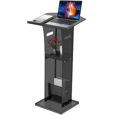 KSacry Acrylic Clear Black Podium Stand with Storage Shelf,Plexiglass Pulpits for Churches,Conference,Speeches,Weddings,Classroom,Professional Presentation Podiums (23.6" L X 17.7" W X 43" H, Black)