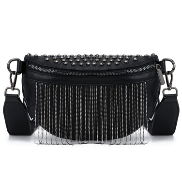 TOPALL Fanny Pack Crossbody Bags for Women, Upgrade Sling Bag Leather Fashion Waist Packs Belt Bag Chest Bag Studded Tassel Bum Bag for Travel, Walking, Running and Hiking (Black)
