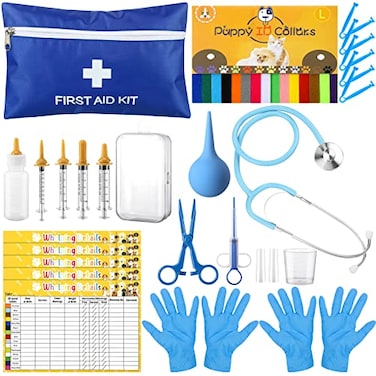 48 Pcs Puppy Kitten Whelping Kit Include 4 Puppy Feeding Tube, 6 Record Keeping Charts, 15 Whelping Collars, 15 Cord Clamps, 2 Gloves, Bulb Aspirator, Syringe, Bottle, Scissors, Stethoscope, Bag