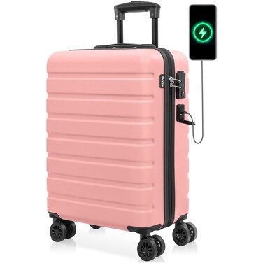 AnyZip Carry On Luggage 21" Hardside PC ABS Lightweight USB Suitcase with Wheels TSA Lock for kids Pink