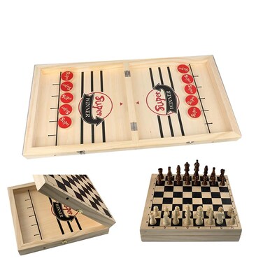 Sling Puck Game and Chess Game, Fast Sling Puck Game, Wooden Board Game for Kids and Family, Sling Puck Winner Board Games for Family, Birthday Gift, Large Size with Chess L（22in*11.6in）