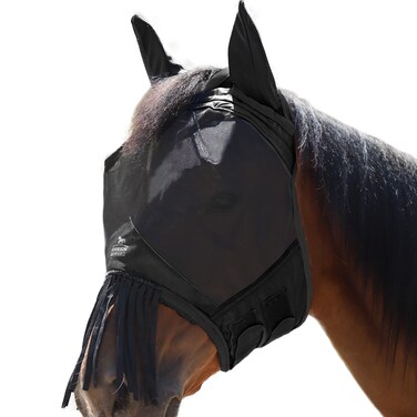 Harrison Howard CareMaster Horse Fly Mask with Ears and Nose Fringe Fly Protector Defender Mask Piano Black Full Size
