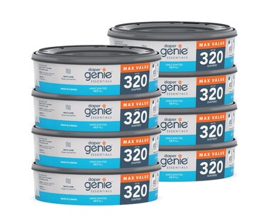 Diaper Genie Essentials Round Refill 8-Pack   Holds Up to 2560 Newborn Diapers   Features Unscented Continuous Film   Compatible with Diaper Genie Complete and Expressions Pails,8 Count (Pack of 1)