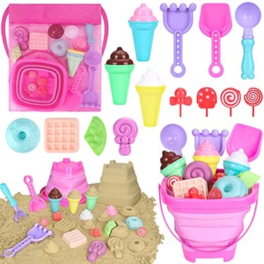 Collapsible Beach Toys Set for Kids Toddlers Girls, Collapsible Sand Bucket and Shovels Set with Mesh Bag &amp; Sand Molds, Ice Cream Travel Sand Toys for Beach, Sandbox Toys for Toddlers Kids Age 3-10