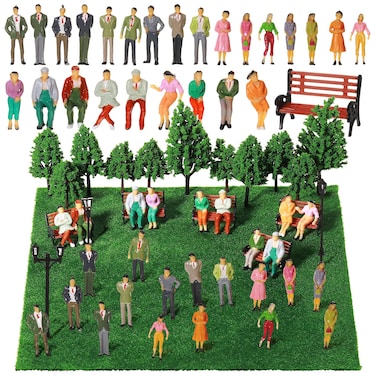 Sratte 55 Pcs 1:30 Scale Model Trains Architectural Scale Painted Figures Set, Include 30 Miniature People 5 Street Lamps 11 Mixed Model Trees 5 Park Street Seat 4 Fake Grass for Miniature Scene