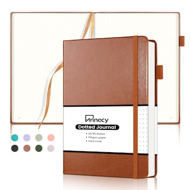 Annecy Numbered Bullet Dotted Journal Notebook, Medium 5.5x 8.25, 160 Pages 100GSM Writing Paper, A5 Brown Faux Leather Cover with Pen Loop