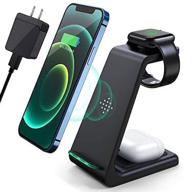 Wireless Charging Station, 3 in 1 Fast Desk Charging Station, Wireless Charger Stand for iPhone 15/14/13/12/11 Pro Max/X/Xs Max/8/8 Plus, AirPods 3/2/pro, iWatch Series 9/8/7/6/5/SE/4/3/2 Black
