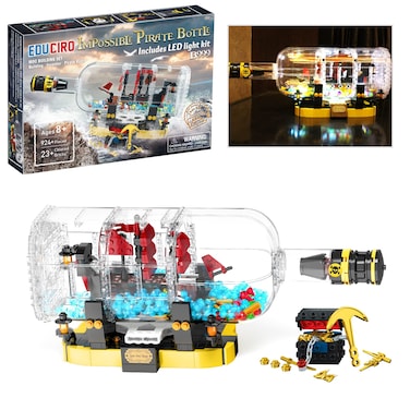 Pirate Ship in a Bottle with LED Light Building Toy for Boys,Girls (924 Pcs), Birthday Gifts Toys for Kids and Adult, 8+ Years old Home Decor