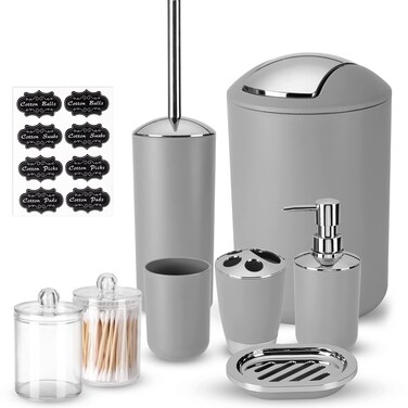 Fixwal Bathroom Accessories, 8 Piece Bathroom Accessories Set with Trash Can, Toothbrush Holder and Cup, Soap Dispenser and Dish, Toilet Brush and 2 Qtip Holder with Labels (Gray)