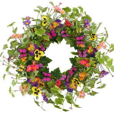 20 inches Artificial Spring Summer Wreath with Butterfly Yellow Pansy Flower Daisy and Ivy Leaves for Front Door Indoor Outdoor Home Farmhouse Porch Wall Holiday Decoration