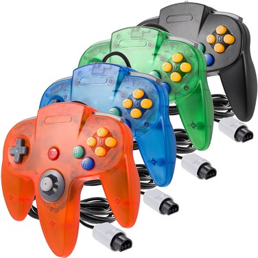miadore 4 Pack Classic 64 Controller, Wired N64 Controllers with Upgraded Joystick (Non PC USB Version) (Black/Clear Green/Clear Blue/Clear Orange)