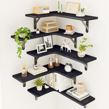 Fixwal Corner Floating Shelves Set of 5, Rustic Wood Wall Mounted Corner Shelf for Bathroom, Kitchen, Bedroom, Home Decor, Laundry Room, Living Room(Black)