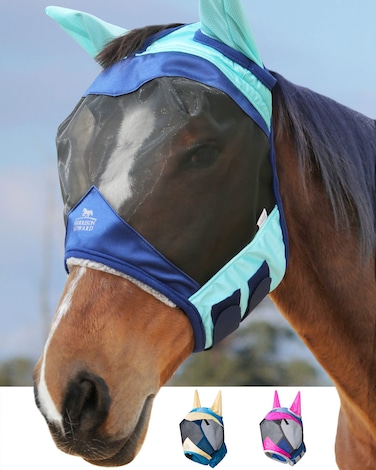Harrison Howard Luxe Dual-Tone Horse Fly Mask Half Face with Ears Fully Visible UV-Blocking Fine Mesh Soft Fleece Edging for Extra Comfort Summer Mint/Navy L Full Size