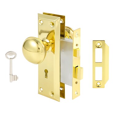 Mortise Lock Set for Interior Door, Vintage Antique Gold Door Knobs with Lock and Skeleton Key, Old Door Knob Replacement Fits 1-3/8 in 1-3/4 in, Polished Brass Finish