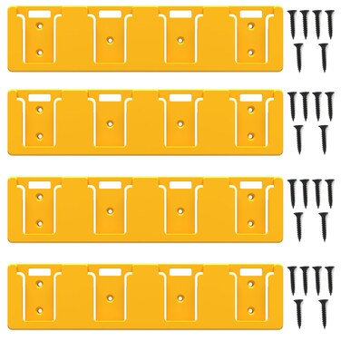 Battery Rack Compatible with DeWalt 20V Battery Holder, Mount 4 Slot Bulk Battery Garage Tool, Tools for Dewallt 20v, Wall Display Hook Holder (Yellow-4pc)