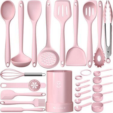 Silicone Cooking Utensils Set- Pink Heat Resistant Kitchen Utensils, Fungun Kitchen Utensil Spatula with Holder, BPA Free Kitchen Gadgets Tools Set for Nonstick Cookware, Dishwasher Safe