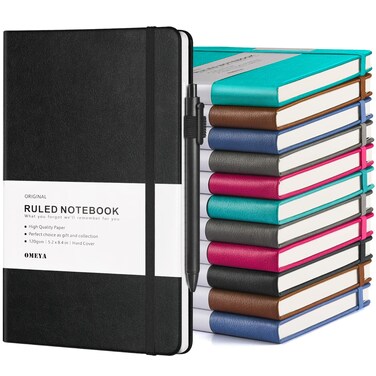 OMEYA 12 pack Journal Notebook, Classic Hardcover Lined Notebooks with 120GSM Premium Thick Paper, College Ruled Faux Leather Journal with Pocket 5.2 x 8.4 in-Multicolor