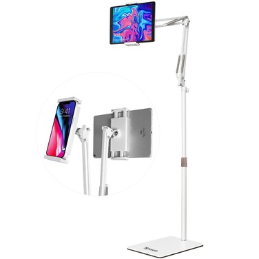 Tablet Floor Stand, Overhead Bed Phone Mount, Height Adjustable Universal Metal Tablet Holder, Phone Stand for iPad/iPhoneX/iPad Pro 4.5~12.9 Inch-Screen, Phone, Kindle,4.5-12.9" (Light White