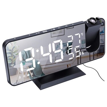 ThreeH Projection Alarm Clock for Bedroom Large 7.4'' LED Mirror Display &amp; 4 Dimmer Radio Alarm Clock with USB Charging 180&deg; Rotable 2 Sounds Black-White