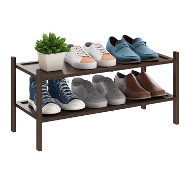 BMOSU 2-Tier Bamboo Shoe Rack Premium Stackable Shoe Shelf Storage Organizer for Hallway Closet Living Room Entryway Organizer(Brown)