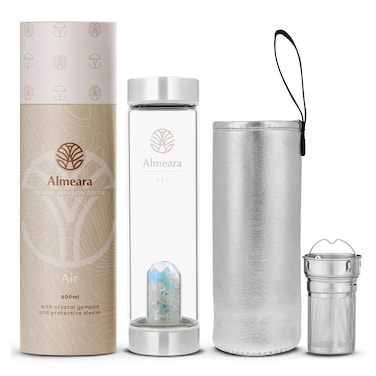 Crystal Water Bottle with Authentic Aquamarine Stones and Clear Quartz Removable Gemstones, Loose Leaf Tea Infuser - Relaxation, Healing &amp; Spiritual Gifts for Women - Witchcraft Supplies